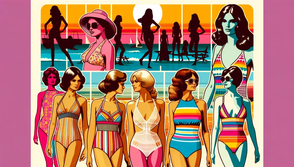 1970s Women's Swimwear: A portrayal of vibrant, bold-patterned swimsuits with experimental cuts and styles.