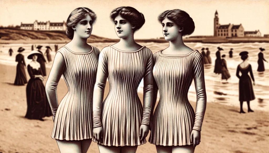 Early 1900s Women's Swimwear: An image showing modest full-body swimsuits with long sleeves and skirts.