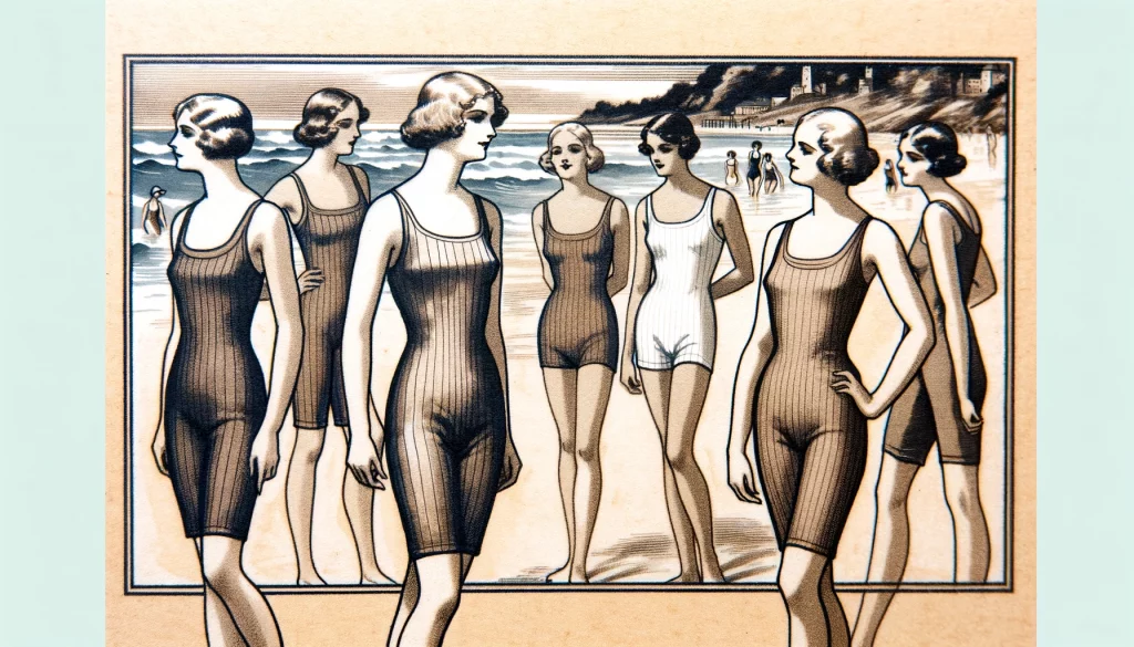 1920s Women's Swimwear: A depiction of form-fitting, sleeveless one-piece swimsuits made from lighter materials.